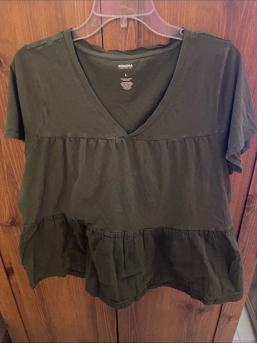 SONOMA Olive Green V-Neck Tiered Short Sleeve Top